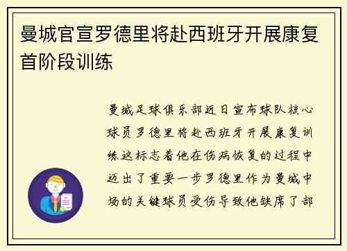 曼城官宣罗德里将赴西班牙开展康复首阶段训练 曼城官宣罗德里将赴西班牙开展康复首阶段训练